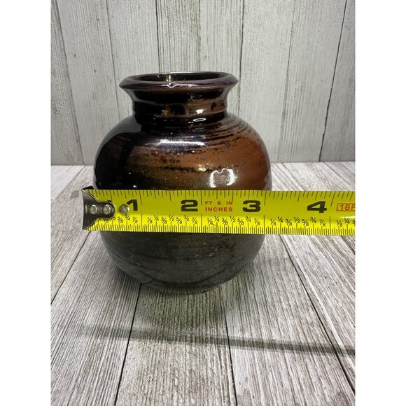 Vtg  4.5 inch Vase Stoneware Pottery Ceramic Dark Brown Galaxy Glaze MCM - Picture 6 of 7
